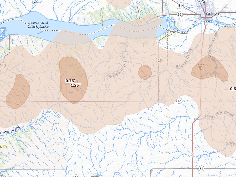 Radar-estimated hail-size map of the storm over Crofton, NE on Jul 2, 2026