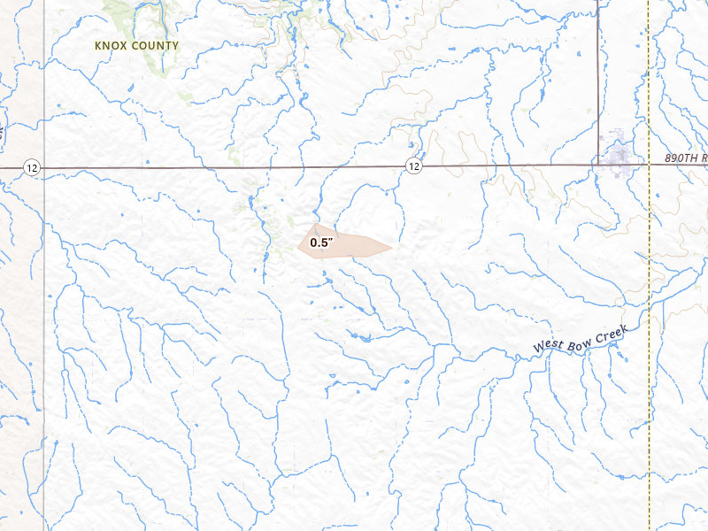 Radar-estimated hail-size map of the storm over Crofton, NE on Aug 20, 2026