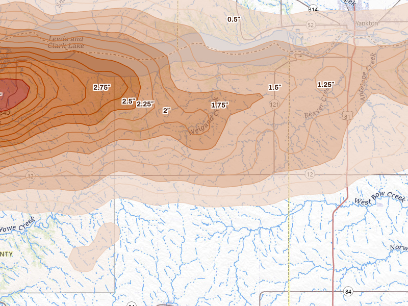 Radar-estimated hail-size map of the storm over Crofton, NE on Sep 1, 2026