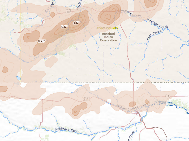 Radar-estimated hail-size map of the storm over Crookston, NE on Jun 4, 2026
