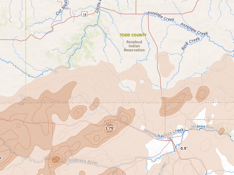 Radar-estimated hail-size map of the storm over Crookston, NE on Jun 27, 2026