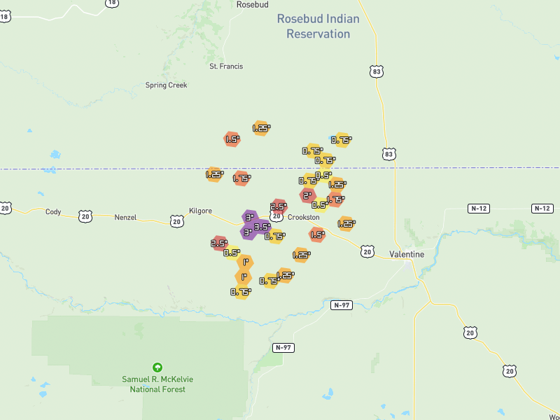 Hail map of Crookston, NE on Jun 28, 2026, hail up to 3.5"