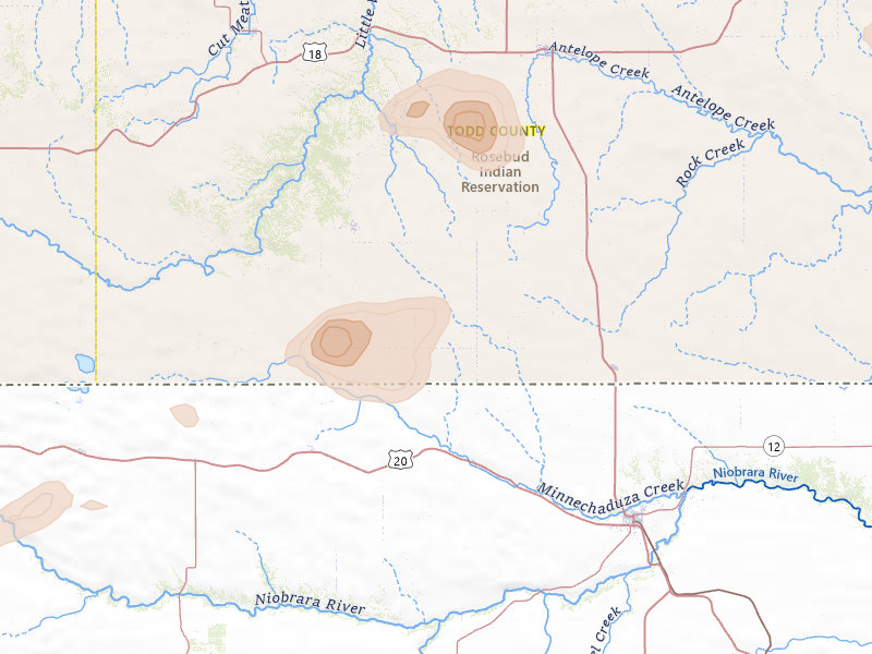 Radar-estimated hail-size map of the storm over Crookston, NE on Jul 6, 2026