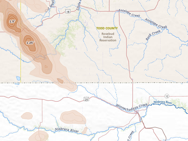 Radar-estimated hail-size map of the storm over Crookston, NE on Jul 9, 2026