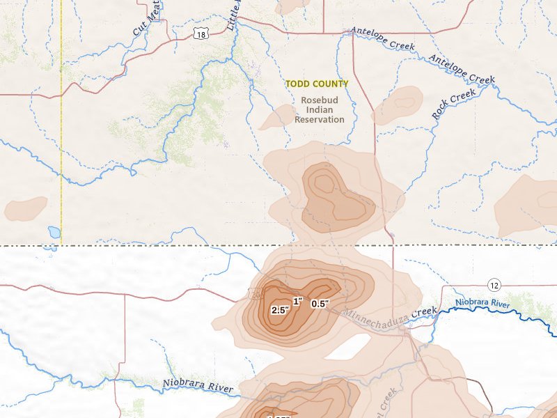 Radar-estimated hail-size map of the storm over Crookston, NE on Jul 30, 2026