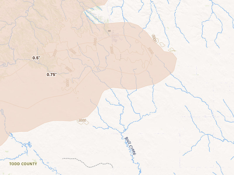 Radar-estimated hail-size map of the storm over Crookston, NE on Aug 8, 2026