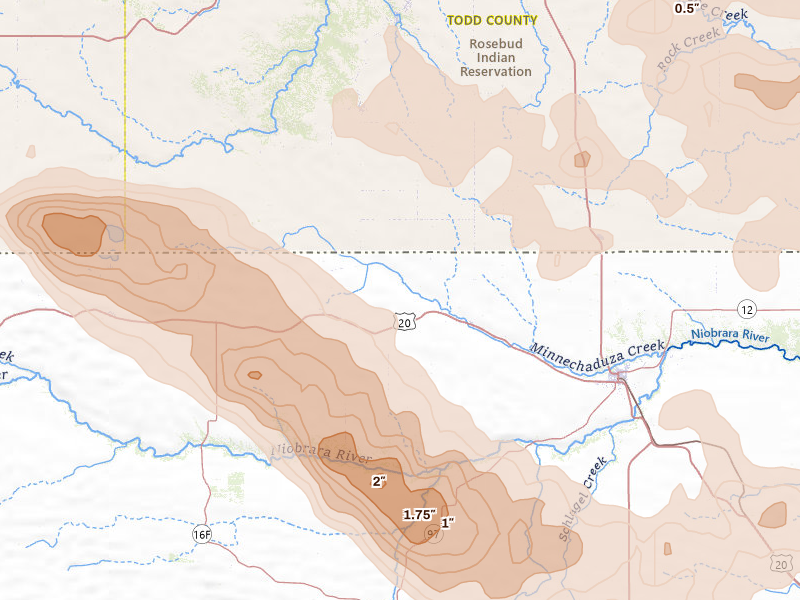 Radar-estimated hail-size map of the storm over Crookston, NE on Aug 11, 2026
