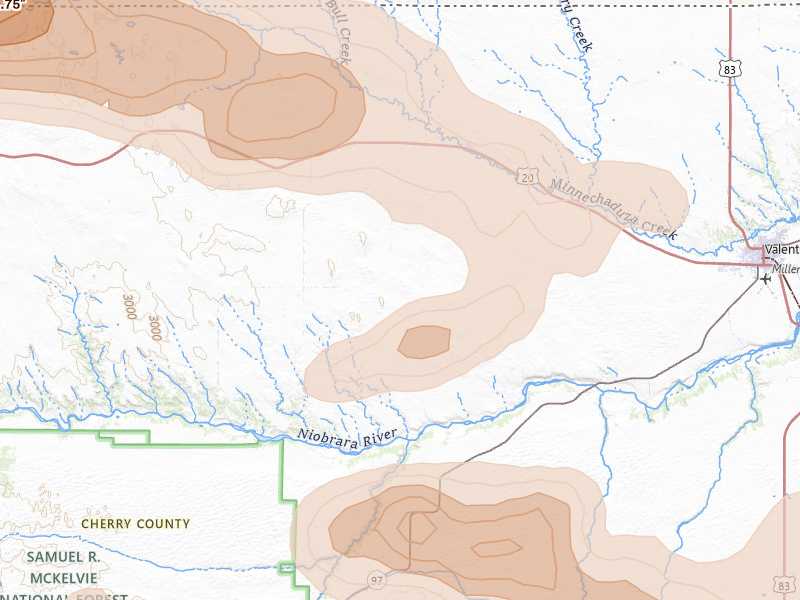 Radar-estimated hail-size map of the storm over Crookston, NE on Aug 17, 2026