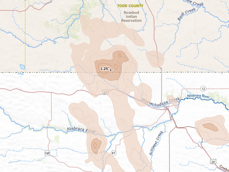 Radar-estimated hail-size map of the storm over Crookston, NE on Aug 21, 2026