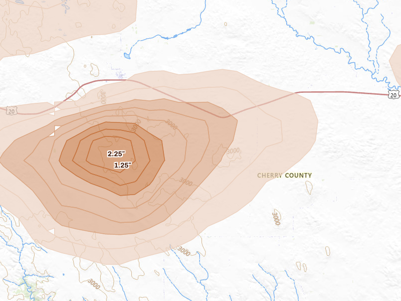 Radar-estimated hail-size map of the storm over Crookston, NE on Aug 27, 2026