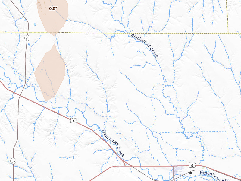 Radar-estimated hail-size map of the storm over Culbertson, NE on May 30, 2026