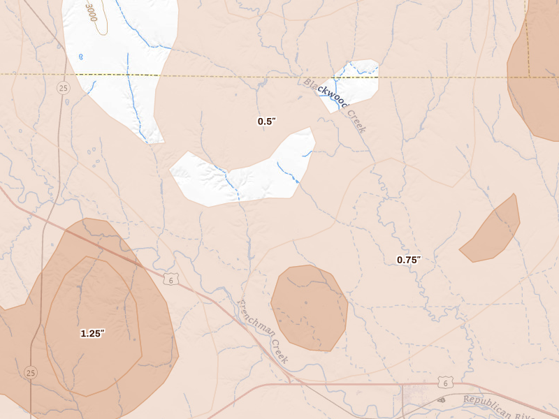 Radar-estimated hail-size map of the storm over Culbertson, NE on Jul 2, 2026