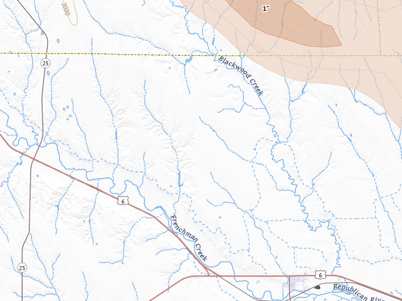 Radar-estimated hail-size map of the storm over Culbertson, NE on Jul 30, 2026