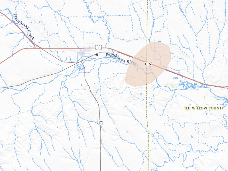 Radar-estimated hail-size map of the storm over Culbertson, NE on Aug 13, 2026