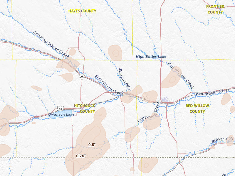 Radar-estimated hail-size map of the storm over Culbertson, NE on Aug 14, 2026