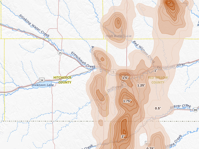 Radar-estimated hail-size map of the storm over Culbertson, NE on Aug 20, 2026