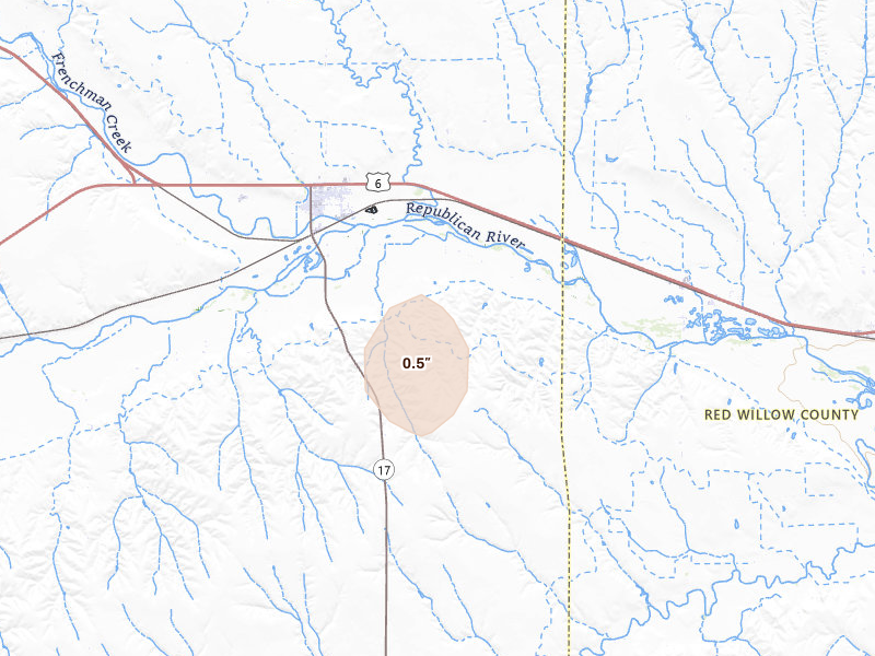 Radar-estimated hail-size map of the storm over Culbertson, NE on Aug 24, 2026