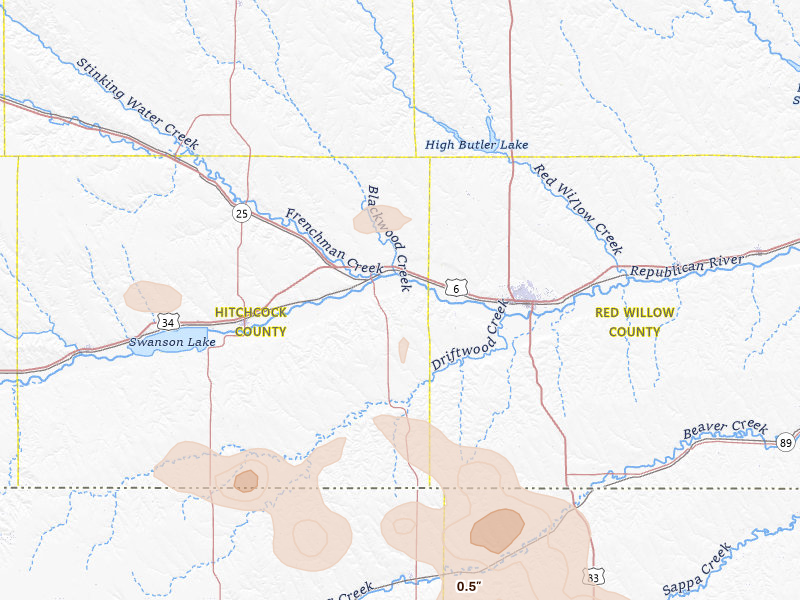 Radar-estimated hail-size map of the storm over Culbertson, NE on Aug 25, 2026