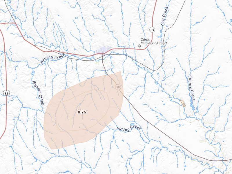 Radar-estimated hail-size map of the storm over Curtis, NE on Jun 8, 2026