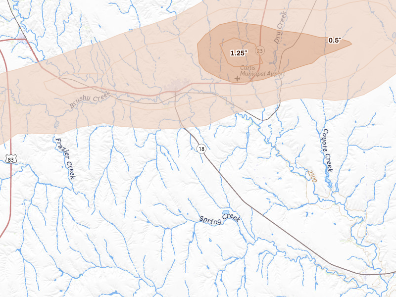 Radar-estimated hail-size map of the storm over Curtis, NE on Jun 10, 2026