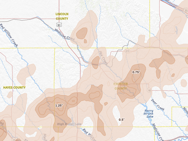 Radar-estimated hail-size map of the storm over Curtis, NE on Jul 2, 2026