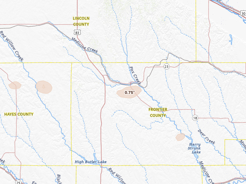 Radar-estimated hail-size map of the storm over Curtis, NE on Jul 22, 2026