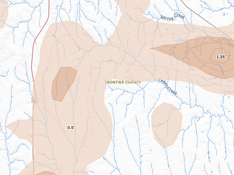 Radar-estimated hail-size map of the storm over Curtis, NE on Aug 26, 2026