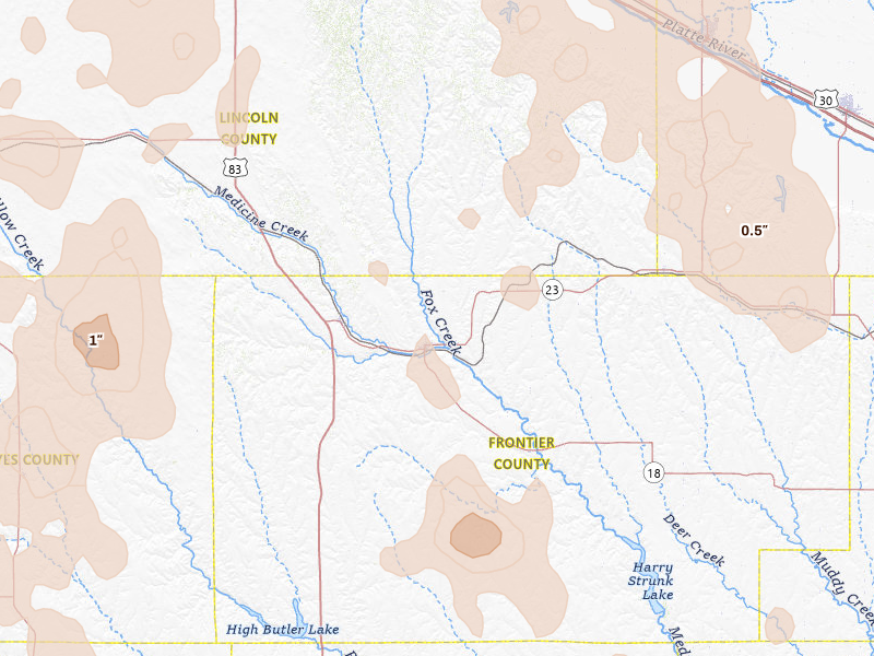 Radar-estimated hail-size map of the storm over Curtis, NE on Aug 27, 2026