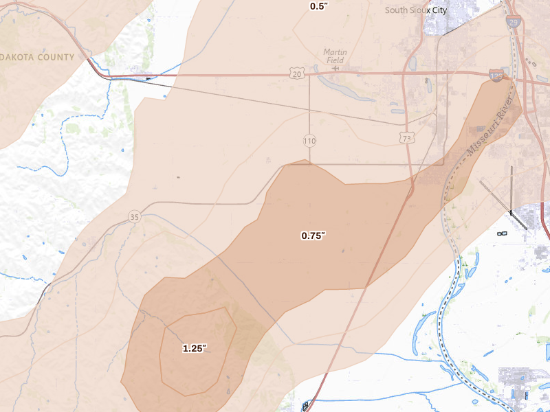 Radar-estimated hail-size map of the storm over Dakota City, NE on Jun 29, 2026