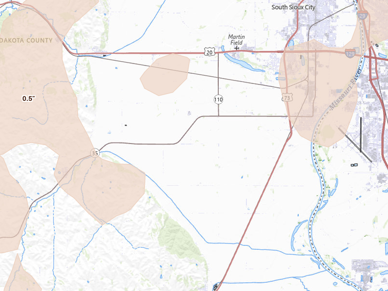 Radar-estimated hail-size map of the storm over Dakota City, NE on Jul 2, 2026