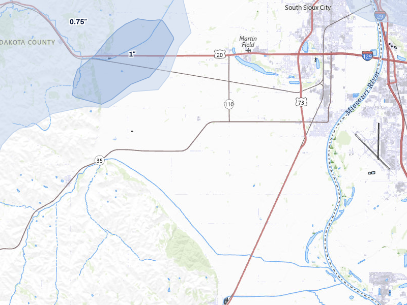 NEXRAD radar-signature map of the hail over Dakota City, NE