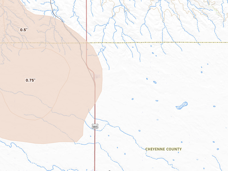 Radar-estimated hail-size map of the storm over Dalton, NE on Jun 22, 2026