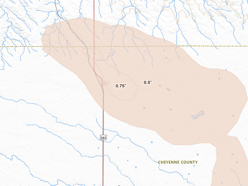 Radar-estimated hail-size map of the storm over Dalton, NE on Aug 9, 2026