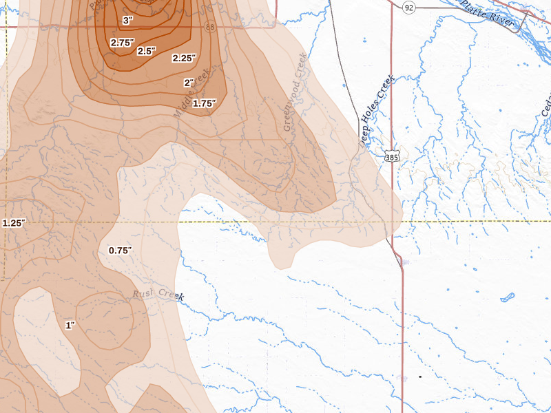 Radar-estimated hail-size map of the storm over Dalton, NE on Aug 21, 2026