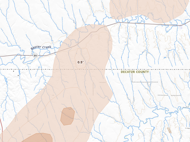 Radar-estimated hail-size map of the storm over Danbury, NE on May 16, 2026