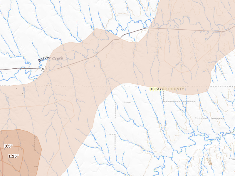 Radar-estimated hail-size map of the storm over Danbury, NE on May 29, 2026