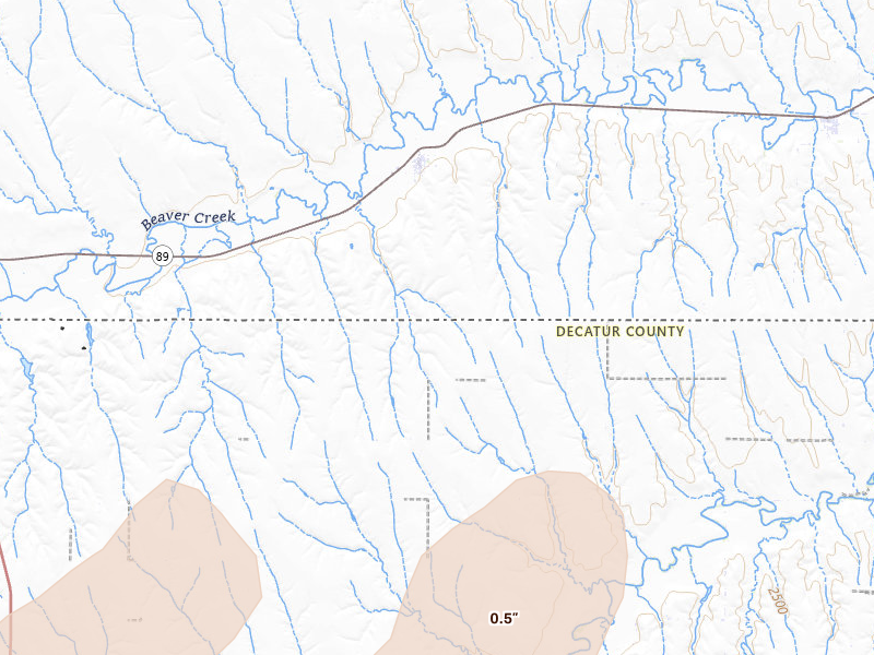 Radar-estimated hail-size map of the storm over Danbury, NE on Jul 2, 2026