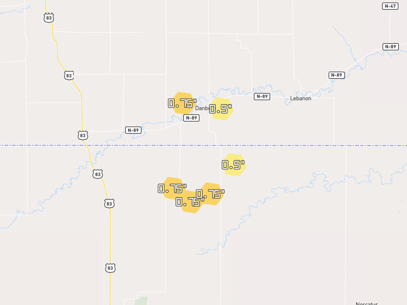 Hail map of Danbury, NE on Jul 3, 2026, hail up to 0.75"