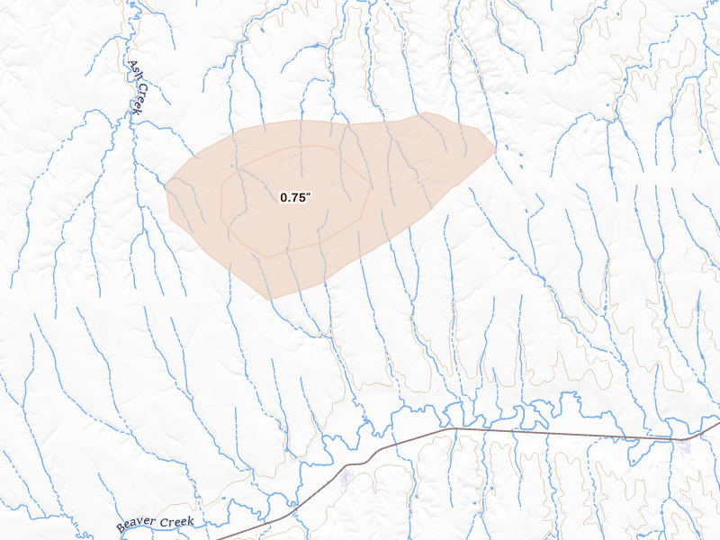 Radar-estimated hail-size map of the storm over Danbury, NE on Aug 4, 2026