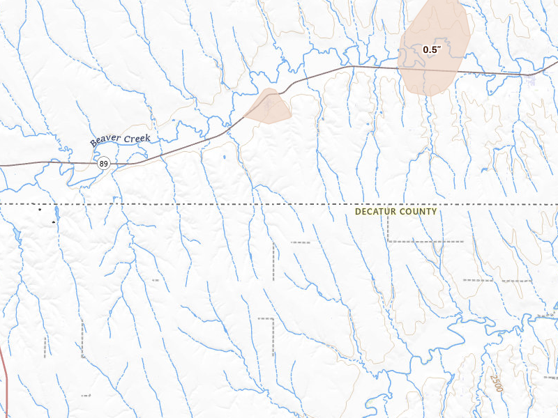 Radar-estimated hail-size map of the storm over Danbury, NE on Aug 14, 2026