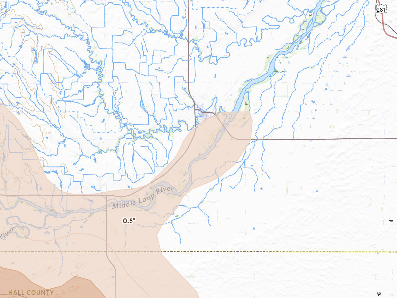 Radar-estimated hail-size map of the storm over Dannebrog, NE on May 16, 2026