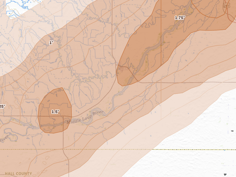 Radar-estimated hail-size map of the storm over Dannebrog, NE on May 17, 2026
