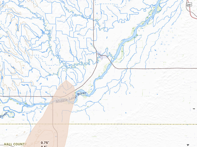 Radar-estimated hail-size map of the storm over Dannebrog, NE on Jun 3, 2026
