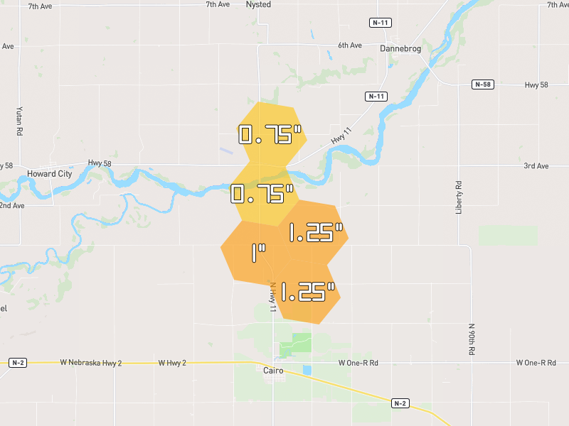 Hail map of Dannebrog, NE on Jun 3, 2026, hail up to 1.25"