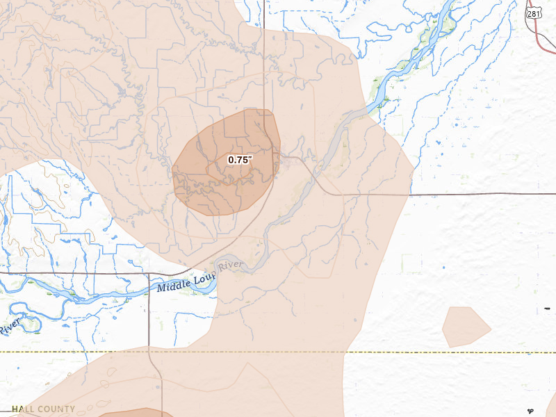 Radar-estimated hail-size map of the storm over Dannebrog, NE on Jun 5, 2026