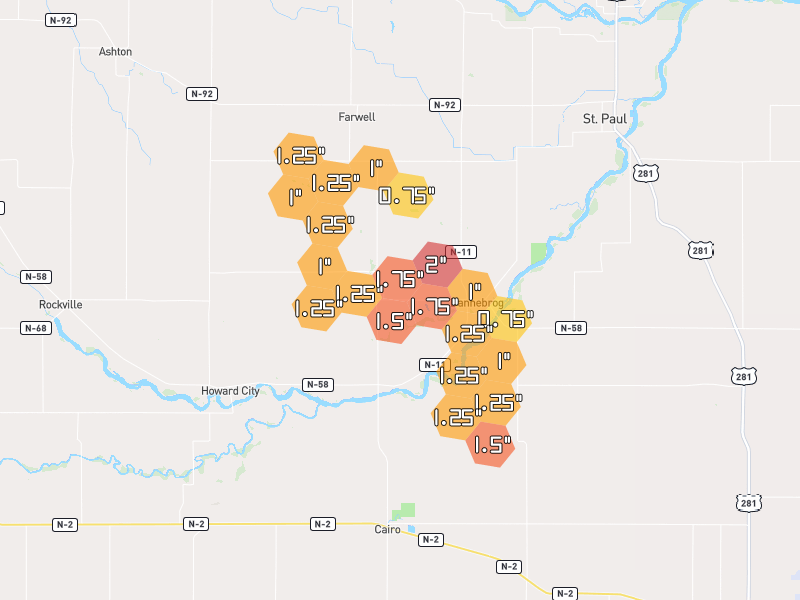 Hail map of Dannebrog, NE on Jun 6, 2026, hail up to 2"