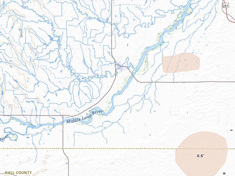 Radar-estimated hail-size map of the storm over Dannebrog, NE on Jul 30, 2026