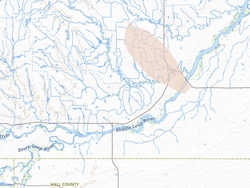 Radar-estimated hail-size map of the storm over Dannebrog, NE on Aug 7, 2026