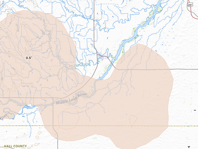 Radar-estimated hail-size map of the storm over Dannebrog, NE on Aug 8, 2026
