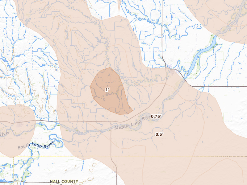 Radar-estimated hail-size map of the storm over Dannebrog, NE on Aug 17, 2026